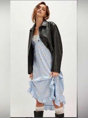 NWT-Free People Light Blue Polka Dot Slip Dress with Lace Trim